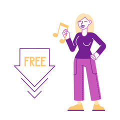 Free Download Concept. Woman Holding Music Icon in Hand. Stream or Upload Torrent Data from Servers, Online Media Content Share Network Internet Technologies Cartoon Flat Vector Illustration, Line Art