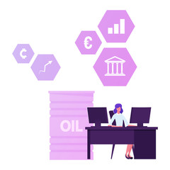 Businesswoman Trader Working on Computer Selling and Buying Currency, Oil, Company Bonds and Precious Metals on Stock Market Using Broker Service and Pc Application. Cartoon Flat Vector Illustration