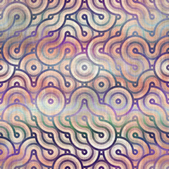 Seamless purple and peach ombre fade painterly watercolor wash infinite circle maze pattern graphic design. Seamless repeat raster jpg pattern swatch.