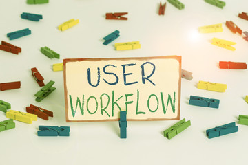 Writing note showing User Workflow. Business concept for orchestrated and repeatable pattern of business activity Colored clothespin papers empty reminder white floor background office