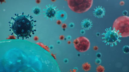 Outbreak of Chinese influenza - called a Coronavirus or 2019-nCoV, which has spread around the world. Danger of a pandemic, epidemic of humanity. Human cells, the virus infects cells. 3d illustration