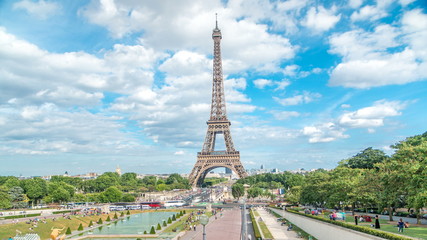 Fountains on famous square Trocadero with Eiffel tower in the background timelapse.