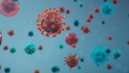 Outbreak of Chinese influenza - called a Coronavirus or 2019-nCoV, which has spread around the world. Danger of a pandemic, epidemic of humanity. Human cells, the virus infects cells. 3d illustration