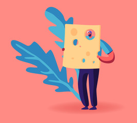 Man Hold Huge Piece of Cheese with Holes. Male Character Enjoying Eating Dairy Production, Fresh Creamy Flavour of Snack, Porous Texture Healthy Nutrition Farm Product Cartoon Flat Vector Illustration