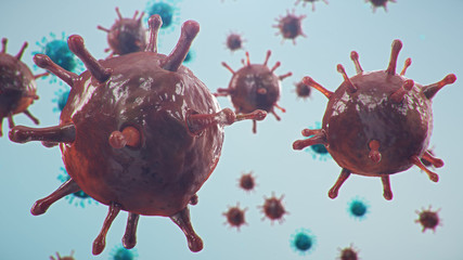 Obraz na płótnie Canvas Outbreak of coronavirus, flu virus and 2019-nCov. Concept of a pandemic, epidemic for human cells. COVID-19 under the microscope, pathogen affecting the respiratory system, 3d illustration