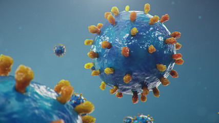 Fototapeta na wymiar Chinese pathogen called Coronavirus or Covid-19, as a type of flu. Outbreak of coronavirus, which leads to death. Concept of a pandemic that infects the lungs, i.e. atypical pneumonia, 3D illustration