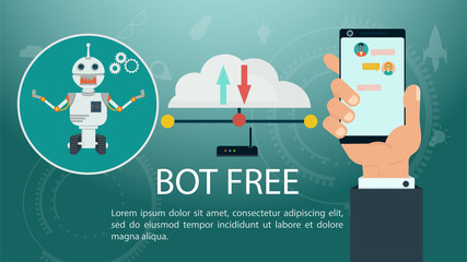 Hand Holding phone Chatbot Virtual Assistance Robot Website Or Mobile Apps Artificial Intelligence Concept Flat Vector Illustration