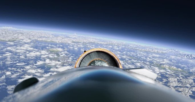 Rocket fuel tank separation flying after launch animation. Daylight. Realistic cinematic 4k animation. Space rocket flying into orbit. Camera mounted on the body of the rocket and filming backwards.
