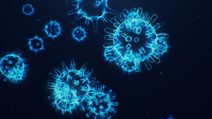 3D illustration Coronavirus concept under the microscope. Human cells, the virus infects cells. Epidemic, pandemic affecting the respiratory tract. Fatal viral infection