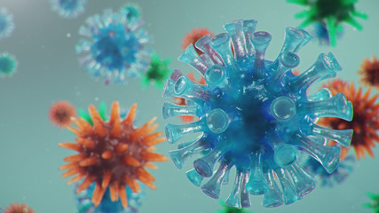 Coronavirus outbreak. Pathogen affecting the respiratory tract. COVID-19 infection. Concept of a pandemic, viral infection. Coronavirus inside a human. Viral infection, 3D illustration