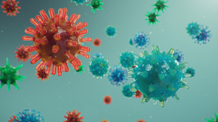 Outbreak of Chinese influenza - called a Coronavirus or 2019-nCoV, which has spread around the world. Danger of a pandemic, epidemic of humanity. Close-up virus under the microscope, 3d illustration