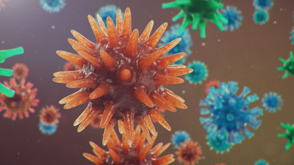 Fototapeta na wymiar 3D illustration Coronavirus concept under the microscope. Spread of the virus within the human. Epidemic, pandemic affecting the respiratory tract. Fatal viral infection