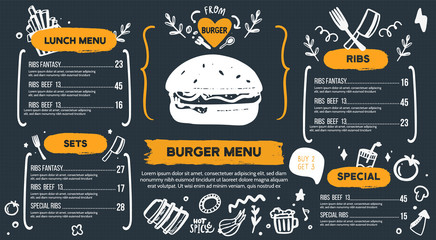 Burger menu with doodle icons and sketch burger, food background, chackboard cafe design, grill brochure, cooking flyer - obrazy, fototapety, plakaty