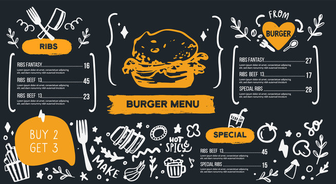 Burger menu with doodle icons and sketch burger, food background, chackboard cafe design, grill brochure, cooking flyer