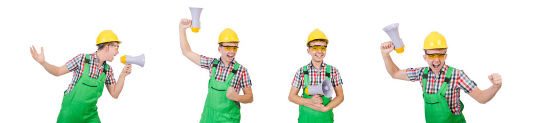 Funny construction worker with loudspeaker on white