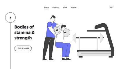 Bodybuilding Exercise, Sport Activity Website Landing Page. Sportsman Powerlifter Training in Gym with Coach Help, Squatting with Weight Web Page Banner. Cartoon Flat Vector Illustration, Line Art