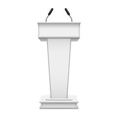 White realistic podium with microphone or pulpit with mic, debate tribune or speech rostrum. Platform for conference speaker or press, lecture or seminar, presentation, communication. Grandstand