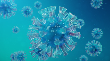 Outbreak of coronavirus, flu virus and 2019-nCov. Concept of a pandemic, epidemic for human cells. COVID-19 under the microscope, pathogen affecting the respiratory system, 3d illustration