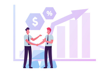 Couple of Businessmen Shaking Hands near Growing Arrow Graph with Currency Icons and Gold or Silver Bars Pile. Investment, Stock Market Exchange and Trading Concept, Cartoon Flat Vector Illustration