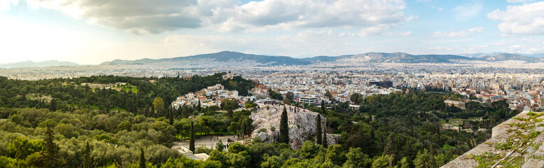 Fototapeta na wymiar Panoramic view over the Athens city, Ancient Agora of Athens and Areopagus - Hill