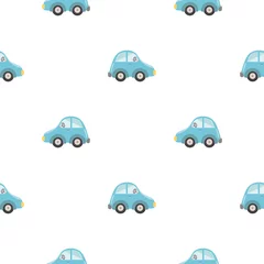 Stickers muraux Course de voitures Voitures de bébé mignon motif enfants sans soudure de fond. Voitures de dessin animé bleu sur blanc. Vecteur de conception de bébés garçons