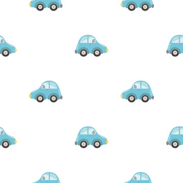 Cute baby cars pattern seamless kids background. Blue cartoon cars on white. Baby boys design vector