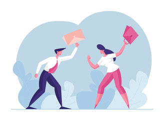 Business People Fighting. Office Woman and Man Hitting Each Other with Bags. Manager Characters Business Competition, Battle or Challenge for Leadership, Unfair Fight. Cartoon Flat Vector Illustration