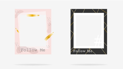 Two colorful social media frame editable minimal square banner template vector flat illustration. Black and pink creative geometric shape follow me with empty place for photo isolated on white