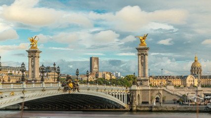 Bridge of Alexandre III spanning the river Seine timelapse. Paris. France.