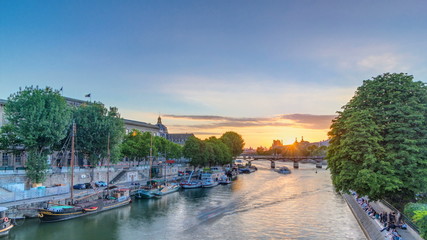View on Pont des Arts in Paris at sunset timelapse, France