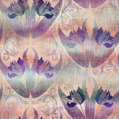 Seamless purple and peach ombre fade painterly watercolor wash floral pattern graphic design. Seamless repeat raster jpg pattern swatch.