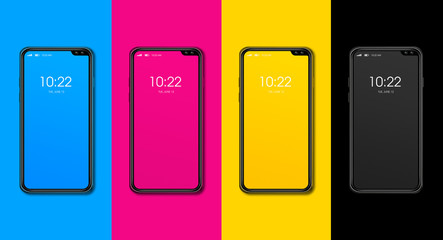 CMYK smartphone set isolated on color background. 3D render