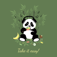 Little cheerful panda listens to music on headphones. Panda eat ice cream. Illustration for children.