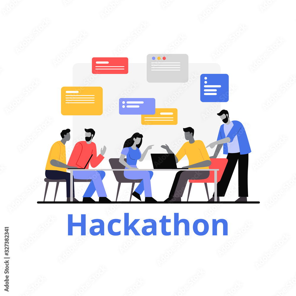 Poster people working together hackathon vector flat illustration. cartoon characters work as team developm