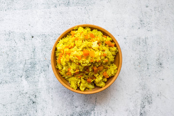 Basmati curry Indian rice with vegetables. Vegan and vegetarian healthy food.