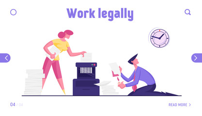 Businesspeople in Office Put Paper Secret Document to Shredder Website Landing Page. Destroying Private Information to Hide Crime or Account Info Web Page Banner. Cartoon Flat Vector Illustration