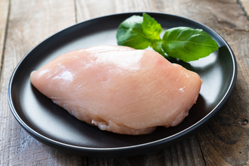 Raw chicken breasts with spices on wooden background