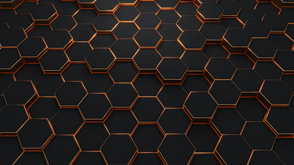 Modern hexagonal black and gold background texture pattern. Honeycombs at different level. 3d rendering illustration. Futuristic banner.