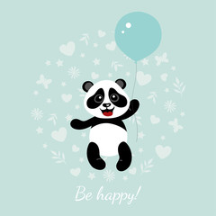 Little happy panda is flying on a balloon. Illustration for children. © Hanna