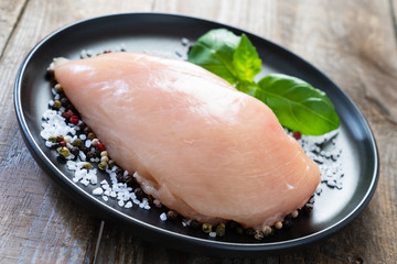 Raw chicken breasts with spices on wooden background
