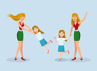 Young Woman Fooling Around with Child Illustration. Happy Sisters Having Fun Female Cartoon Characters. Smiling Mother Whirling Daughter. Two Girls Walking, Holding Hands. Friendship. Family Day