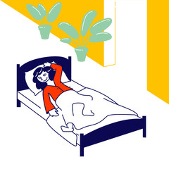 Nap Time Concept. Little Relaxed Girl Sleeping in Bed in Kindergarten or Elementary School Afternoon. Kid Rest and Relaxing, Snooze and Kip in Bedchamber Cartoon Flat Vector Illustration, Line Art
