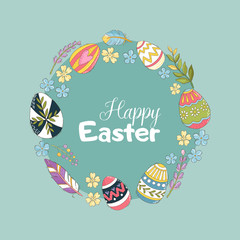 Easter greeting card with eggs and flowers. Vector illustration