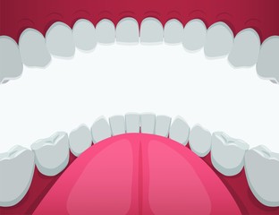 Cartoon human mouth white teeth view inside vector graphic illustration. Person clean healthy tooth with pink tongue and gum isolated on white background. Dental health care and orthodontic concept
