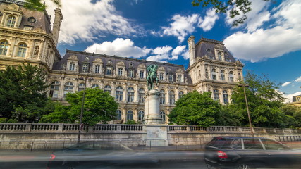 The bronze statue of Etienne Marcel proudly standing beside the Hotel de Ville timelapse , Paris, France