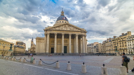 Fototapeta na wymiar National pantheon building timelapse , front view with street and people. Paris, France