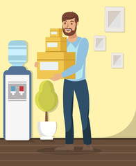 Man Moving New Apartment Flat Vector Illustration. Employee with Belongings, Office Relocation. Man Delivering Order, Cardboard Boxes. Young Delivery Service Worker Carrying Packages, Containers