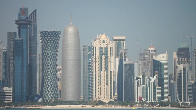 Panoramic view of modern skyline of Doha. Qatar on sunny day