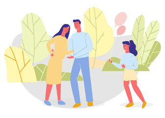 Father, Pregnant Mother and Daughter in Cartoon Green Park. Smiling Married Couple in Love Standing Together. Girl Holding Festive Balloons. Happy Family Walking Outside. Vector Flat Illustration