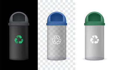 Obraz premium Vector Transparency Garbage Bin with Green Cap, Trash Can. Isolated on black and white